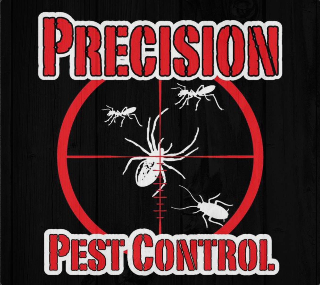 The Precision Pest Control mark: ants and a spider caught in a red crosshair.